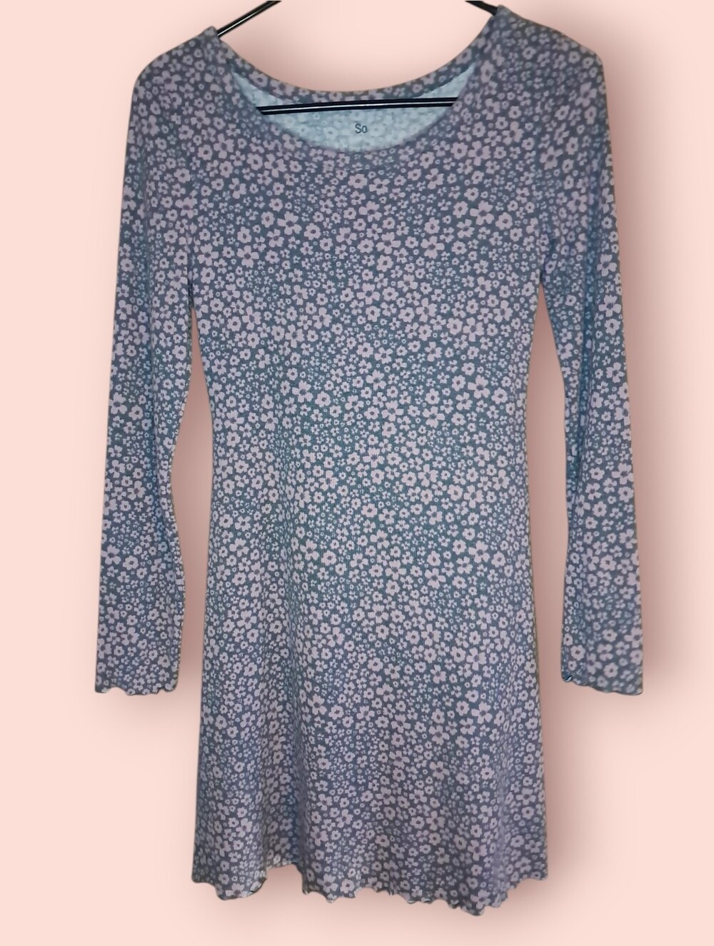 SO Grey and Pink Floral Long Sleeve Scoop Neck Dress